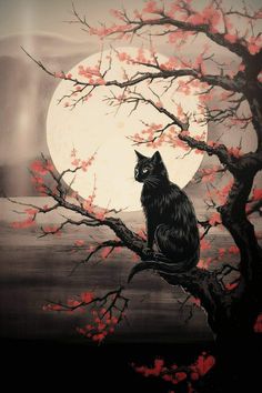 a black cat sitting on top of a tree branch under a full moon with red flowers