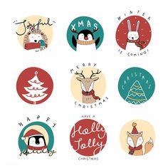 six christmas stickers with animals and trees