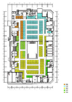 the floor plan for an auditorium with seating areas and rows of seats in yellow, blue, and green