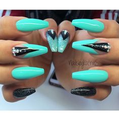 Aqua Nails, Teal Nails, Turquoise Nails, Black Nail, Coffin Nails Designs, Pretty Acrylic Nails, Fancy Nails, Dope Nails, Nail Arts