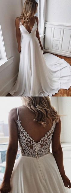 the back of a woman's white wedding dress, with an open back and lace detailing