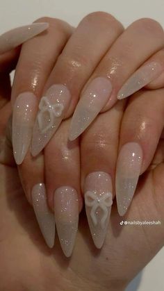 Almond Glass Nails, 3d Bow Nail Art, Light Color Nail Ideas, 3d Bow Nails, Pearl Design Nails, Nail Inspo Long Almond, Clear Nails Design, White And Clear Nails, White Gel X Nails