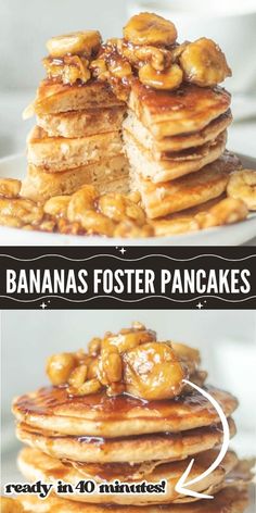 bananas fosterer pancakes are stacked on top of each other