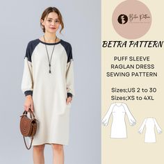 a women's dress sewing pattern with sleeves and long sleeves, in two different colors