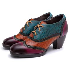 Leather Oxfords Women, High Heel Oxfords, Vintage Pumps, Oxford Pumps, Chunky Heel Pumps, Orange Shoes, Oxford Heels, Leather Oxford Shoes, Colorful Shoes