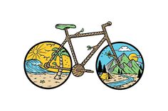 a drawing of a bicycle with mountains in the background and trees on the other side