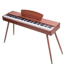 an electronic keyboard with a wooden stand