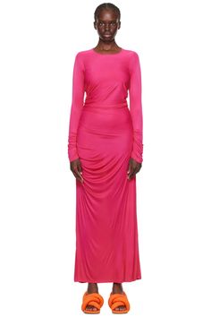 MSGM: Pink Gathererd Maxi Dress | SSENSE Long Sleeve Ruched Elastane Dress, Pink Elastane Evening Dress, Ruched Elastane Maxi Dress, Stretch Ruched Long Dress, Long Stretch Ruched Dress, Pink Ruched Elastane Dress, Fuschia Dress, Jersey Dress, Day Dresses