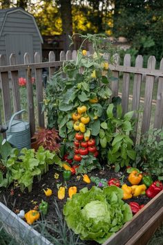 a garden filled with lots of different types of vegetables next to a wooden picket fence