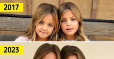 two girls are shown before and after they were born in the same age as their siblings