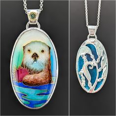 This beautiful little California Sea Otter is a handmade cloisonné enamel pendant set in hand carved sterling silver. The otter was created with a mixture of traditional cloisonné enamel, mason stains and painting enamels. The piece is paired with a lovely Montana Sapphire set in 14k gold octopus setting. Comes with an 18 in sterling silver chain. *This item is a made-to-order item that will take 2-4 weeks from order to shipping. Hand Painted Oval Enamel Jewelry, Collectible Enamel Oval Pendant Jewelry, Oval Enamel Inlay Jewelry, Hand Painted Oval Silver Jewelry, Silver Oval Hand Painted Jewelry, Collectible Enamel Jewelry With Oval Pendant, Mason Stains, Otter Necklace, Otter Jewelry