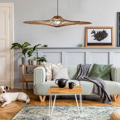 a dog laying on the floor next to a couch and coffee table in a living room