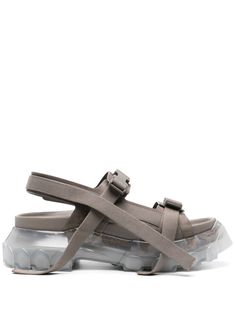 taupe calf leather smooth grain round open toe double buckle fastening ankle touch-strap fastening moulded branded leather footbed translucent chunky rubber lug sole Chunky Leather Sandals, Lug Sole, Leather Fabric, Rick Owens, Tractor, Leather Sandals, Calf Leather, Open Toe, Shoes Sandals