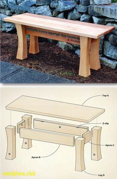 a wooden bench sitting next to a stone wall and another photo with instructions on how to build it