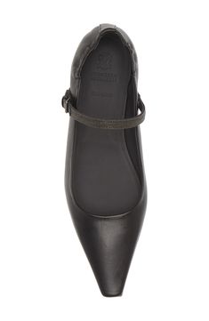 An elongated snipped-toe enhances the streamlined aesthetic of this ballet-inspired calfskin flat detailed with signature monili beading at the strap. Adjustable strap with buckle closure Leather upper and lining/leather and synthetic sole Made in Italy Designer Shoes Elegant Fitted Ballet Flats With Removable Insole, Elegant Fitted Ballet Flats, Elegant Flats With Sculpted Heel Medium Width, Elegant Ballet Flats With Ankle Strap, Elegant Ballet Flats With Heel Strap, Elegant Closed Toe Ballet Flats With Heel Strap, Elegant Evening Flats With Ankle Strap, Elegant Fitted Ballet Flats For Formal Occasions, Elegant Ankle Strap Flats With Removable Insole