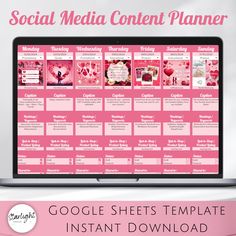 the social media content planner is displayed on a laptop screen with pink background and text