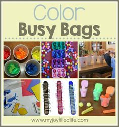 several different pictures with the words color busy bags