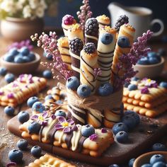 a table topped with cookies covered in frosting and blueberries