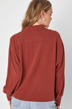 Keep your outfit aesthetic on point with the Lulus Contemporary Charisma Rust Brown Long Sleeve Button-Up Top! Lightweight woven linen-blend fabric shapes long sleeves with button cuffs and a chic collared neckline. Functional button placket and single patch pocket accent the bodice, all atop a slightly cropped hem. Fit: This garment fits true to size. Length: Size medium measures 23" from shoulder to hem. Bust: Great for any cup size. Waist: Not Fitted - comfortable room throughout midsection. Versatile Fall Blouse With Roll-up Sleeves, Linen Long Sleeve Top With Button Closure, Long Sleeve Linen Top With Button Closure, Fall Season Collared Linen Tops, Cotton Long Sleeve Blouse With Button Cuffs, Long Sleeve Linen Blouse With Button Closure, Long Sleeve Cotton Blouse With Button Closure, Cotton Long Sleeve Blouse With Button Closure, Brown Linen Long Sleeve Blouse