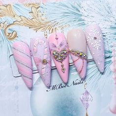 Pink Nutcracker Nails, Sugarplum Nails, Winter Nails Stiletto, Christmas Nail Designs Pink, Pastel Christmas Nails, Pink Christmas Nail Designs, Christmas Nails Pink, Pink Winter Nails, Cozy Nails