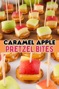 caramel apple pretzel bites with apples on them