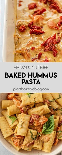 vegan and nut free baked hummus pasta in a white bowl with text overlay