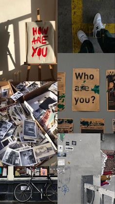 collage of photos with words and pictures on the wall next to a bicycle parked in front of a building