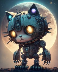 a cat with glowing eyes standing in front of a full moon