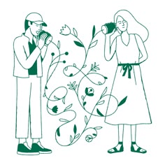 a man and woman standing next to each other with plants growing out of their mouths