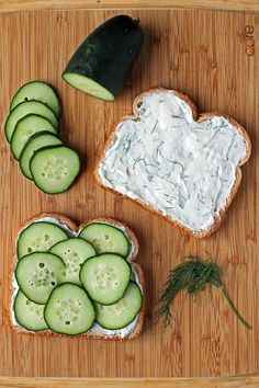 cucumber slices, cream cheese and dill on toast