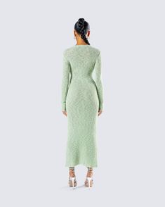 Stay in mint condition in this green sweater knit midi dress 💚 Complete with a wide rib knit stitch, a crew neck, and a midi length - this earthy dress will have everyone calling you mother 🍃😜 Chic Green Knit Midi Dress, Elegant Green Knit Midi Dress, Green Ribbed Midi Dress, Green Knit Midi Dress For Spring, Winter Green Ribbed Midi Dress, Green Crew Neck Winter Dress, Green Fitted Midi Sweater Dress, Fitted Green Midi Sweater Dress, Fitted Green Sweater Dress Midi Length