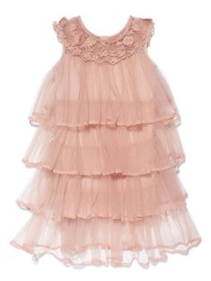 blush pink layered design tulle overlay floral embroidery lace trim round neck concealed rear zip fastening sleeveless curved hem Layered Tulle Dress, Dress With Jean Jacket, Teen Boy Outfits, Brown And Pink, Dolce And Gabbana Kids, Girls Wardrobe, Skirted Swimwear, Tiered Dress, Tulle Dress