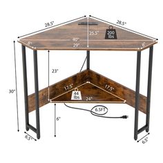 a wooden table with measurements for the top and bottom section, including an angled triangle