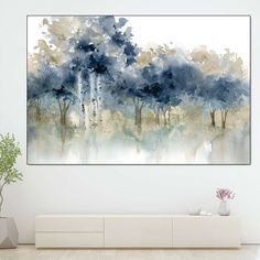 an abstract painting with trees in the background