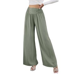 Pea Green Button Detail High Waist Wide Leg Pants Non-stretch Ankle-length Pants With Buttons, Green High-waisted Pants With Button Closure, Green High-waisted Pants With Buttons, Green Bottoms With Button Closure, Chic Green Bottoms With Buttons, Stretch Pants With Button Closure For Summer, Green Bottoms With Buttons For Fall, Green Wide Leg Pants With Button Closure, Green Trousers With Buttons