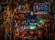 a painting of a skeleton in a room full of skeletons and other halloween decorations,