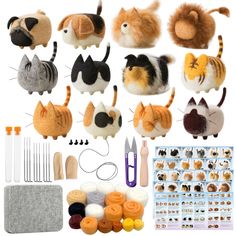 stuffed animals and sewing supplies are arranged on a white background