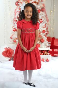 Holly - Corduroy Red Strasburg Children Berry Embroidery, Red Christmas Dress, Kids Christmas Outfits, Holly Berry, Kids Ideas, French Seam, Pinterest Girls, Christmas Girl