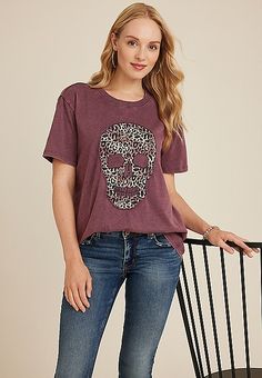 Leopard Skull Oversized Fit Graphic Tee | maurices Oversized Skull Print T-shirt For Fall, Casual Spring T-shirt With Skull Print, Trendy Spring Skull Print Top, Trendy Skull Print Top For Spring, Casual Skull Print Top For Fall, Summer Skull Print Crew Neck Top, Skull Print Crew Neck Top For Summer, Trendy Cotton Skull Print Tops, Oversized Casual Top With Skull Print