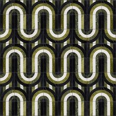 a black and white pattern with green circles on the center, in an art deco style