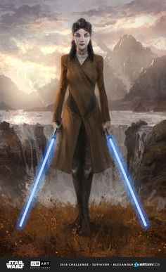 a star wars character holding two lightsabes