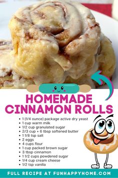 the recipe for homemade cinnamon rolls on a plate