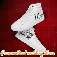 Congratulations on your upcoming wedding! Elevate your bridal style with our personalized wedding shoes high tops for brides. Our custom high top shoes are the perfect blend of fashion-forward flair and bridal elegance. Picture yourself walking down the aisle in custom-made white color wedding shoes designed just for you. With our personalized custom wedding shoes, you'll not only look stunning but feel confident knowing your footwear reflects your unique style. Say 'I do' to stepping into marital bliss in style with our personalized high top wedding shoes! Introducing Avyskicks, the American brand renowned for its artistic high top shoes, now stepping into the wedding arena with customized elegance. Our shoes marry comfort and durability, ensuring you walk down the aisle with ease and gra Color Wedding Shoes, Shoes High Tops, Shoes For Wedding, Custom Wedding Shoes, Wedding Personalized, Bridal Elegance, Color Wedding, Womens Wedding Shoes, American Brand