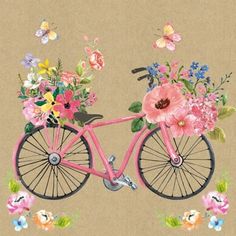 a painting of a pink bicycle with flowers on the front and butterflies flying around it