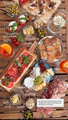 an array of different types of food on a wooden table with words describing the ingredients