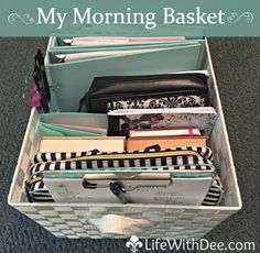 an organized suitcase with the words, my morning basket