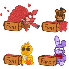 some cartoon characters with hearts on their chestes and the words fans in different languages