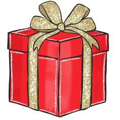 a red gift box with a gold bow on it's ribbon and glitters