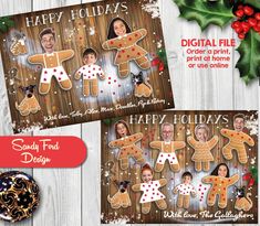 two christmas greeting cards with family and gingerbreads on them, one for the holiday season