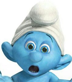 a blue cartoon character with a towel on his head and hands up in the air